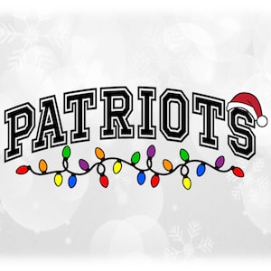 Holiday Clipart: Black Arched Team Mascot Name "Patriots" with Santa Hat and String of Christmas Lights - Digital Download svg png dxf pdf