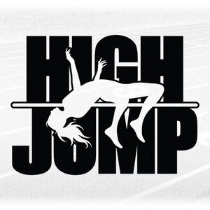 Sports Clipart: Track & Field Black Bold Words "High Jump" with Female Jumper Silhouette and Bar Cutout - Digital Download svg png dxf pdf