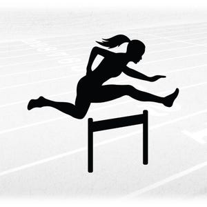 Sports Clipart: Black Silhouette of Track & Field Female / Woman Hurdler with Pony Tail Jumping Hurdle - Digital Download svg png dxf pdf