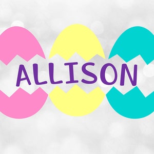 Clipart de vacaciones: Marco para nombre de huevos de Pascua agrietados y partidos en colores pastel en rosa, amarillo y azul turquesa para divertirse - Descarga digital SVG y PNG