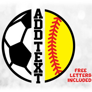Sports Clipart: Split Name Frame Half Sports Balls w/ Black/White Soccer Ball & Yellow/White/Black Softball Digital Download svg png dxf pdf