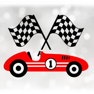 Car/Automotive Clipart: Red, White, and Black Old Fashioned Retro Formula One Racecar and Checkered Flags - Digital Download svg png dxf pdf