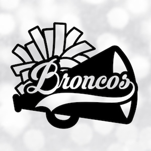 May include: Black and white illustration of a megaphone with a cheerleading pom-pom on top. The megaphone has the word "Broncos" written on it.