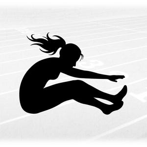 Sports Clipart: Black Track & Field Long Jump Event Silhouette of Female Jumper Jumping above Landing Pit - Digital Download svg png dxf pdf