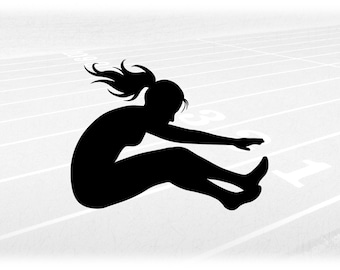 Sports Clipart: Black Track & Field Long Jump Event Silhouette of Female Jumper Jumping above Landing Pit - Digital Download svg png dxf pdf