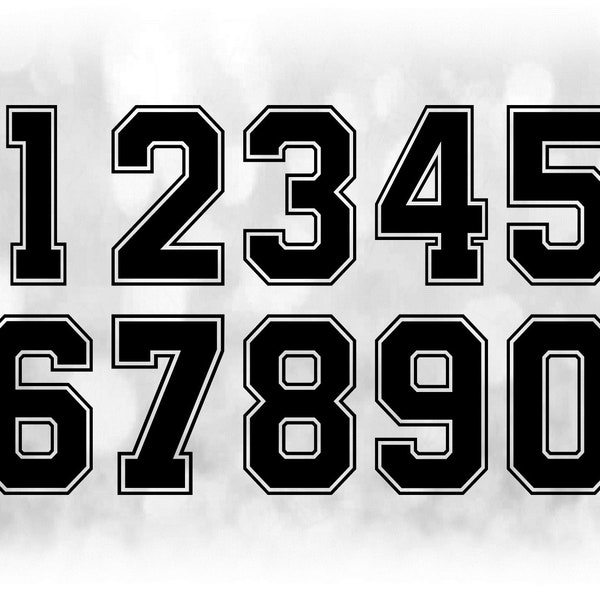 Sport: Trikot-Nummernvorlagen auf EINEM einzigen Blatt gruppiert - schwarz fett mit Umriss - Digitaler Download SVG - Keine installierte Schriftdatei