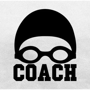 Sports Clipart: Black Swim Cap and Goggles with Bold College Varsity Word "COACH" for Swimming Coaches - Digital Download svg png dxf pdf