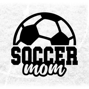 Sports Clipart: Black Half Soccer Ball with Word "Soccer" in College Varsity Style and Script Word "Mom" - Digital Download svg png dxf pdf