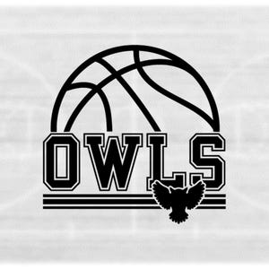 Sports Clipart: Black Half Basketball with "Owls" Team Name in Varsity Style with Bird Silhouette Cutout - Digital Download svg png dxf pdf