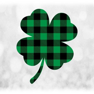 Flower/Nature Clipart: Black Buffalo Plaid on Green Four-Leaf Clover/Shamrock for Luck Irish St. Patrick's, Digital Download svg png dxf pdf