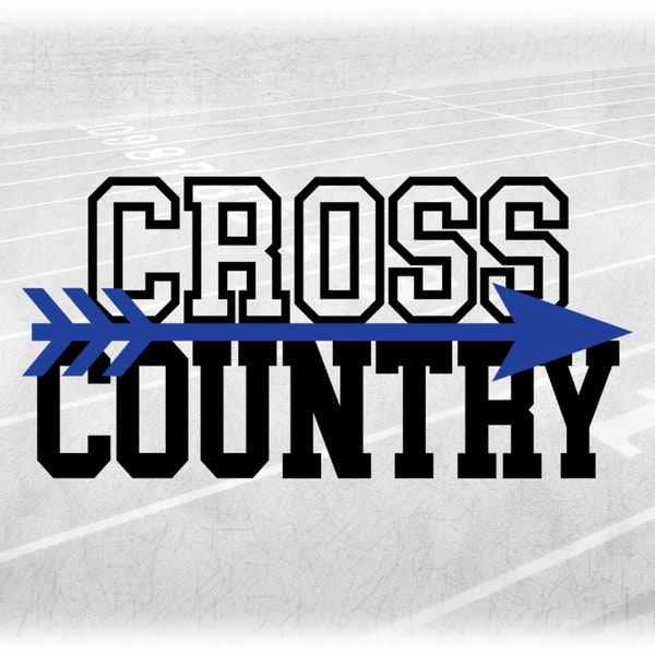 Sports Clipart: Blue Arrow Symbol Layered on Black Bold Varsity Style Words "Cross Country" for Runners - Digital Download svg png dxf pdf