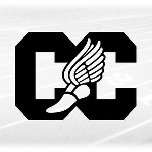 Sports Clipart: Black Style Letters "CC" for Cross Country with Winged Track Shoe for Distance Runners - Digital Download svg png dxf pdf
