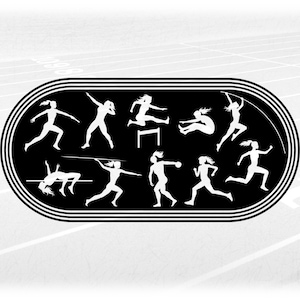 Sports Clipart: Black Running Track to Scale with Cutouts of Female Athlete Silhouettes Performing Events - Digital Download svg png dxf pdf