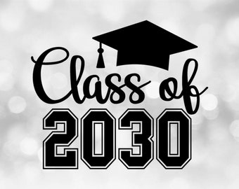 Educational Clipart: Words "Class of 2030" in Varsity / Collegiate and Script Style with Graduation Cap - Digital Download svg png dxf pdf
