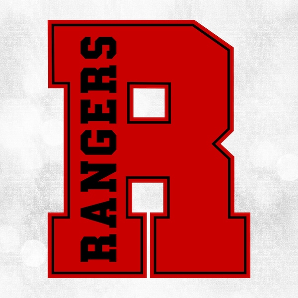 Sports Clipart: Red Letter "R" w/ "Rangers" Team Name in Bold Collegiate Block Letters Layered on Black - Digital Download svg png dxf pdf