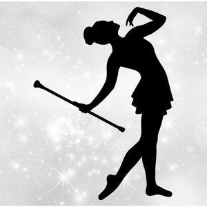 Sports Clipart: Black Silhouette  Female Baton Twirler or Majorette with Baton Leaning Back in Dance Pose - Digital Download svg png dxf pdf