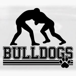 Sports Clipart: Black Male Wrestler Silhouettes with &quot;Bulldogs&quot; Team Name in Varsity Style with Paw Print - Digital Download svg png dxf pdf