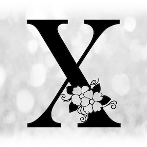 Word Clipart: Schwarzer Formal Capital Letter "X" mit Floral / Blumen Akzenten - Farbe ändern mit Eigener Software - Digitaler Download SVG & PNG