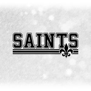 Sports Clipart: Black Bold "Saints" Team Mascot Name in Varsity Style above Stripes and Fleur de Lis Logo - Digital Download svg png dxf pdf