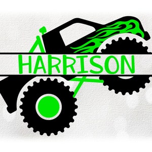 Car/Automotive Clipart: Black Split Name Frame Monster Truck with Green Fire Flames, Wheels, Bar, Light - Digital Download svg png dxf pdf