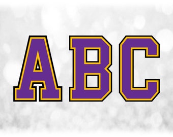 Può includere: Lettere viola con contorno giallo che compongono la parola "ABC" su uno sfondo bianco con un motivo sfocato grigio chiaro.