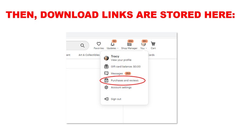May include: A screenshot of a website showing a user's account menu. The menu options include: View your profile, Gift card balance, Messages, Purchases and reviews, Account settings, and Sign out.