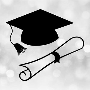 Clipart educativo: Negro simple, fácil gorra de mortero de graduación senior, borla, pergamino de diploma para graduados- Descarga digital SVG y PNG