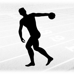 May include: Silhouette of a person throwing a discus on a running track.