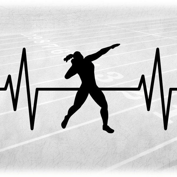 Sports Clipart: Black Track & Field Female / Girl Shot Put Thrower w/ Heart Rate / Beat EKG or ECG Pulse - Digital Download svg png dxf pdf