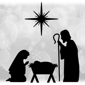 Holiday Clipart: Black Christmas Nativity Manger Scene Silhouette - Baby Jesus, Mary, Joseph, North Star - Digital Download svg png dxf pdf