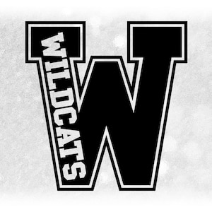 Sports Clipart: Black Letter "W" with "Wildcats" Team Mascot Name in College Varsity Style Cutout - Digital Download svg png dxf pdf