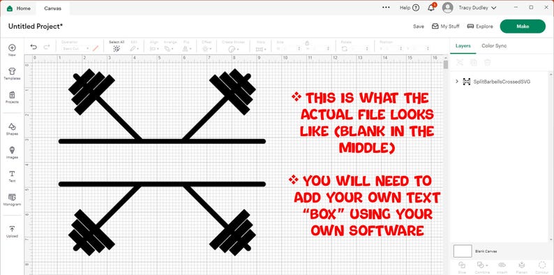 May include: Black and white SVG design featuring two crossed barbells with a blank space in the middle. Text in red states, "THIS IS WHAT THE ACTUAL FILE LOOKS LIKE (BLANK IN THE MIDDLE)" and "YOU WILL NEED TO ADD YOUR OWN TEXT 'BOX' USING YOUR OWN SOFTWARE."