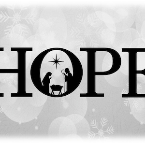 Clipart navideño: Tema de Navidad Palabra negra "Esperanza" en letras elegantes con escena del pesebre del Niño Jesús en la letra "O" - Descarga digital SVG / PNG