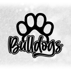 May include: Black and white graphic design of a paw print with the word "Bulldogs" written in a stylized font.