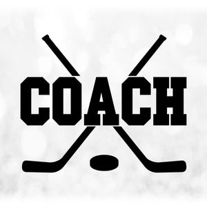 Sports Clipart: Black Crossed Ice Hockey Sticks and Puck with College Varsity Word "Coach" for Coaches - Digital Download svg png dxf pdf