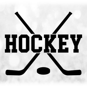 Sports Clipart: Black College Letters "Hockey" w/ Crossed Sticks / Puck for Players Teams Coaches Parents - Digital Download svg png dxf pdf