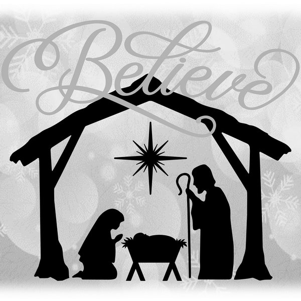 Holiday Clipart: Gray Word "Believe" Overlay on Black Silhouette of Christmas Nativity Manger Scene with Jesus - Digital Download SVG & PNG