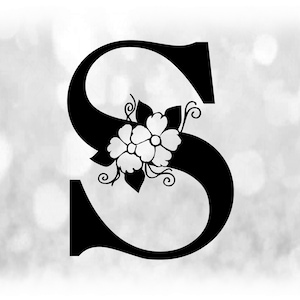 Word Clipart: Negro formal letra mayúscula "S" con acentos florales / florales - Cambiar color con su propio software - Descarga digital SVG y PNG