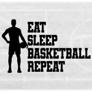 Clipart deportivo: Palabras "Eat Sleep Basketball Repetir" con silueta de jugador masculino sosteniendo la pelota para equipos - Descarga digital svg png dxf pdf