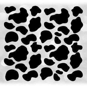 Op de afbeelding: Zwart-witte koeienprint. Het patroon bestaat uit onregelmatig gevormde vlekken.
