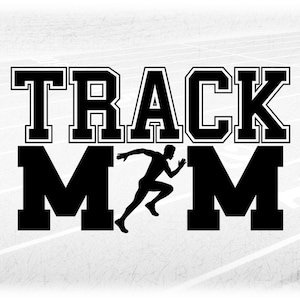 Sports Clipart: Black Words "Track Mom" in  College Letters with Male/Boy Runner as "O" for Track & Field - Digital Download svg png dxf pdf