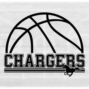 Sports Clipart: Black Half Basketball with "Chargers" Team Name in Varsity Style with Lightning Bolt - Digital Download svg png dxf pdf