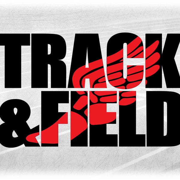 Sports Clipart: Large Black Bold Words "Track and Field" with Red Mercury or Hermes Winged Track Shoe Overlay - Digital Download SVG & PNG