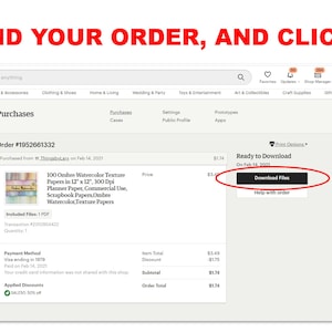 May include: Etsy order confirmation page showing a digital download of 100 watercolor texture papers in 12" x 12" at 300 dpi. The order is ready to download and the button to download the files is highlighted in red.