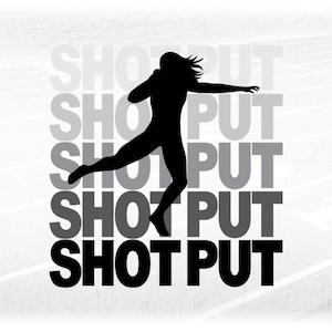 Sports Clipart: Track & Field - Gray Shaded Words "Shot Put" with Black Female Thrower Silhouette Overlay - Digital Download svg png dxf pdf
