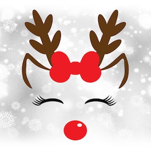 Clipart: Mädchen / Rentier mit glücklich geschlossenen Wimpern, Ohren, Schleife, Geweih, rote Nase für Weihnachten - Digitaler Download SVG & PNG