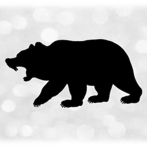 May include: Black silhouette of a bear with its mouth open, standing on a white background with a blurry pattern.