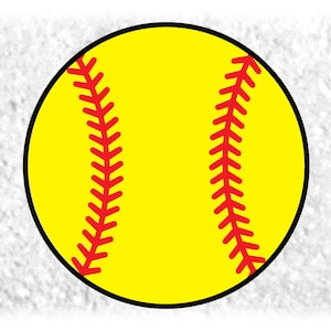 Peut inclure: Une balle de softball jaune avec des coutures rouges. La balle de softball est sur un fond blanc.