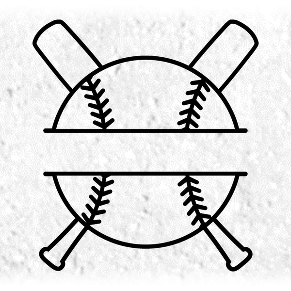 Sports Clipart: Black Outline of Baseball or Softball with Crossed Bats in the Background Split Name Frame, Digital Download svg png dxf pdf