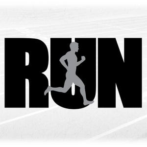 Sports Clipart: Black Word "RUN" w/ Gray Overlay Silhouette of Male Athlete Running - Track/Cross Country - Digital Download svg png dxf pdf